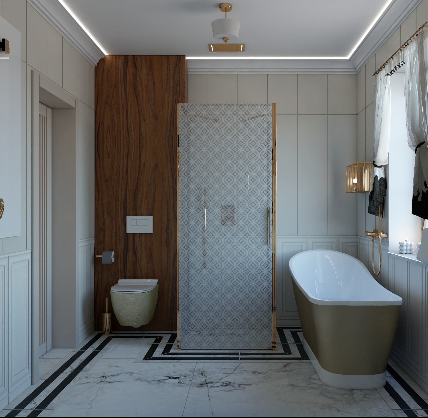 Wizualizacja luksusowej łazienki z wolnostojącą wanną w kolorze beżowym, kabiną prysznicową z wzorzystymi szybami, podwieszaną toaletą i marmurową podłogą z czarnymi akcentami.