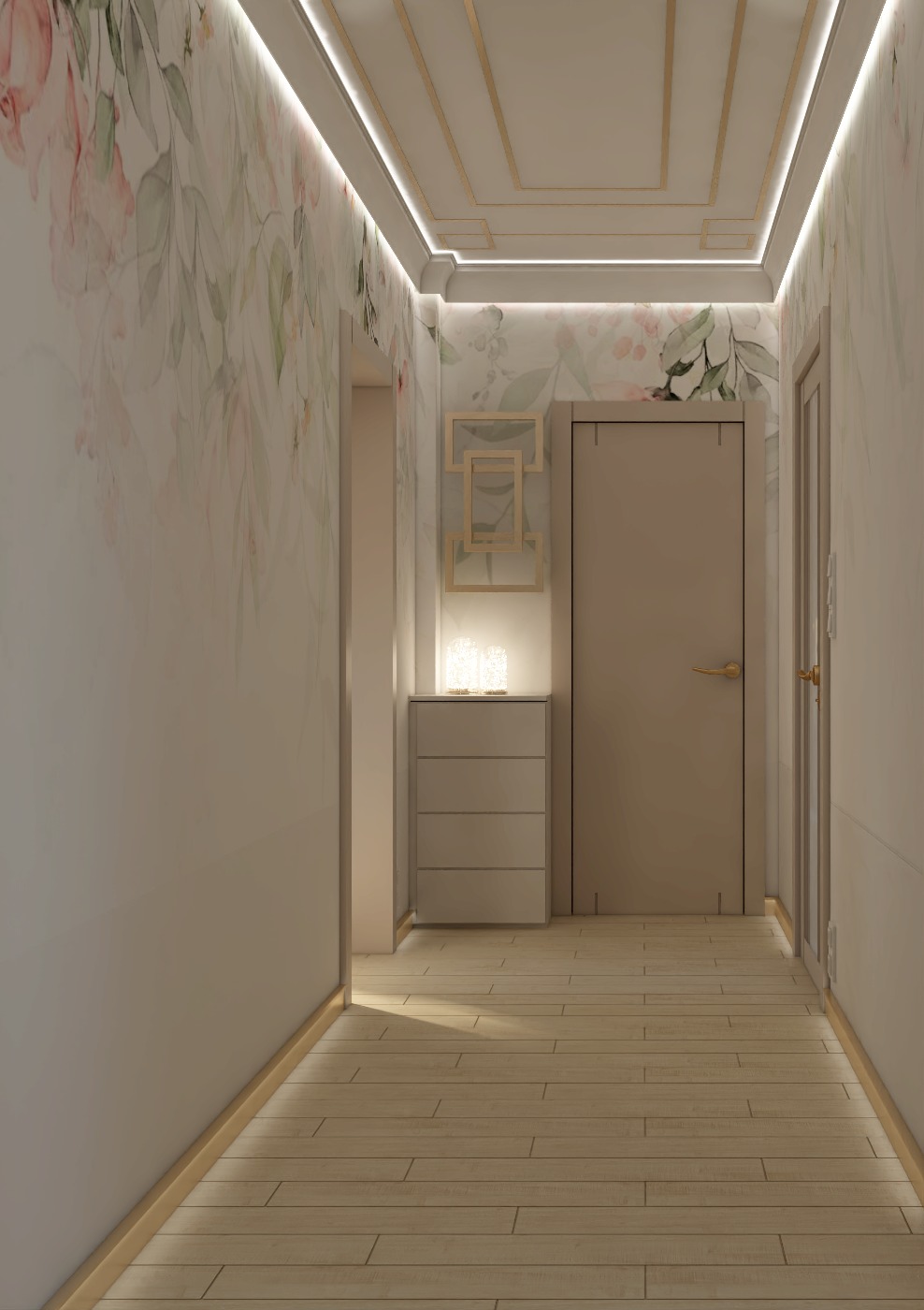 Wizualizacja korytarza z tapetą w kwiaty, drewnianą podłogą, komodą z szufladami i dekoracyjnymi ramkami na ścianie.