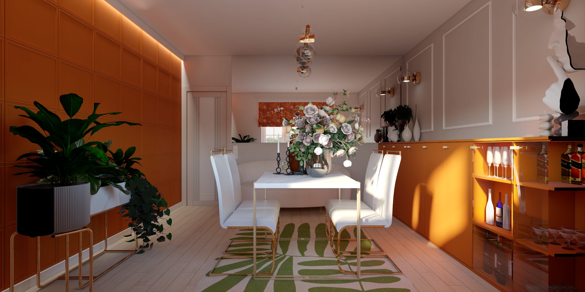 Wnętrze jadalni z pomarańczową ścianą, białym stołem i krzesłami ze złotymi nogami, dywanem w zielone liście i kwiatami w wazonie na stole. W tle widoczny salon z sofą.