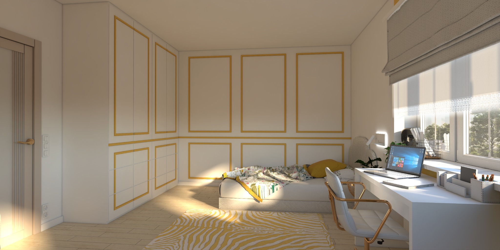 Pokój młodzieżowy w stylu klasycznym z białymi ścianami zdobionymi złotymi listwami, łóżkiem z wzorzystą narzutą, biurkiem z laptopem przy oknie i dywanem w zebrę.