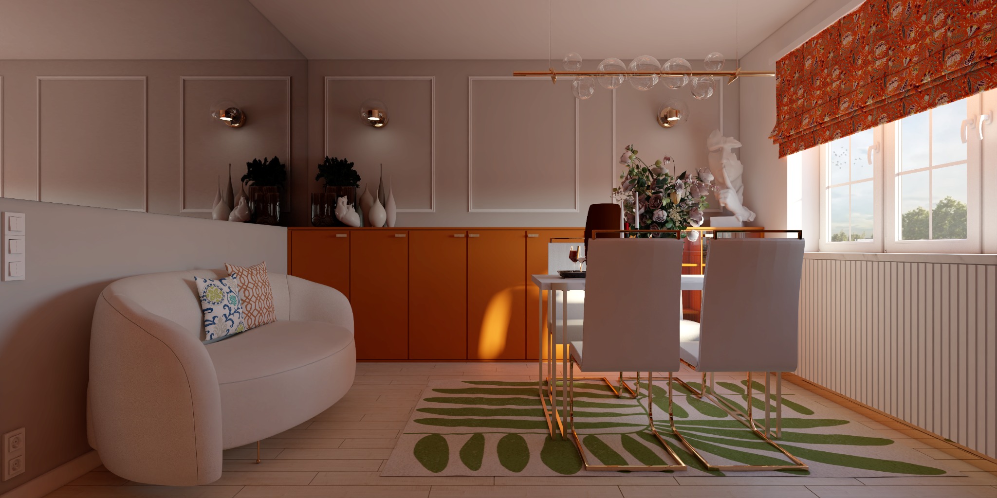 Jasne wnętrze jadalni z sofą, pomarańczową komodą, białym stołem z kwiatami i rzeźbą, krzesłami na złotych nogach oraz dywanem w zielone liście.