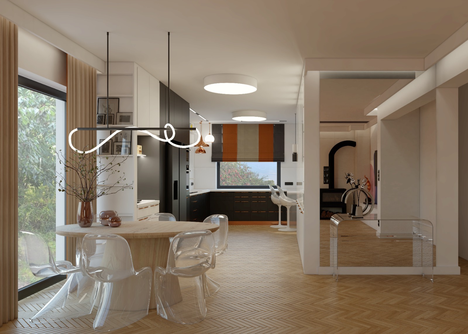 Jasne wnętrze: jadalnia z okrągłym stołem i przezroczystymi krzesłami, widok na kuchnię z oknem. Minimalistyczna lampa nad stołem. Parkiet w jodełkę.
