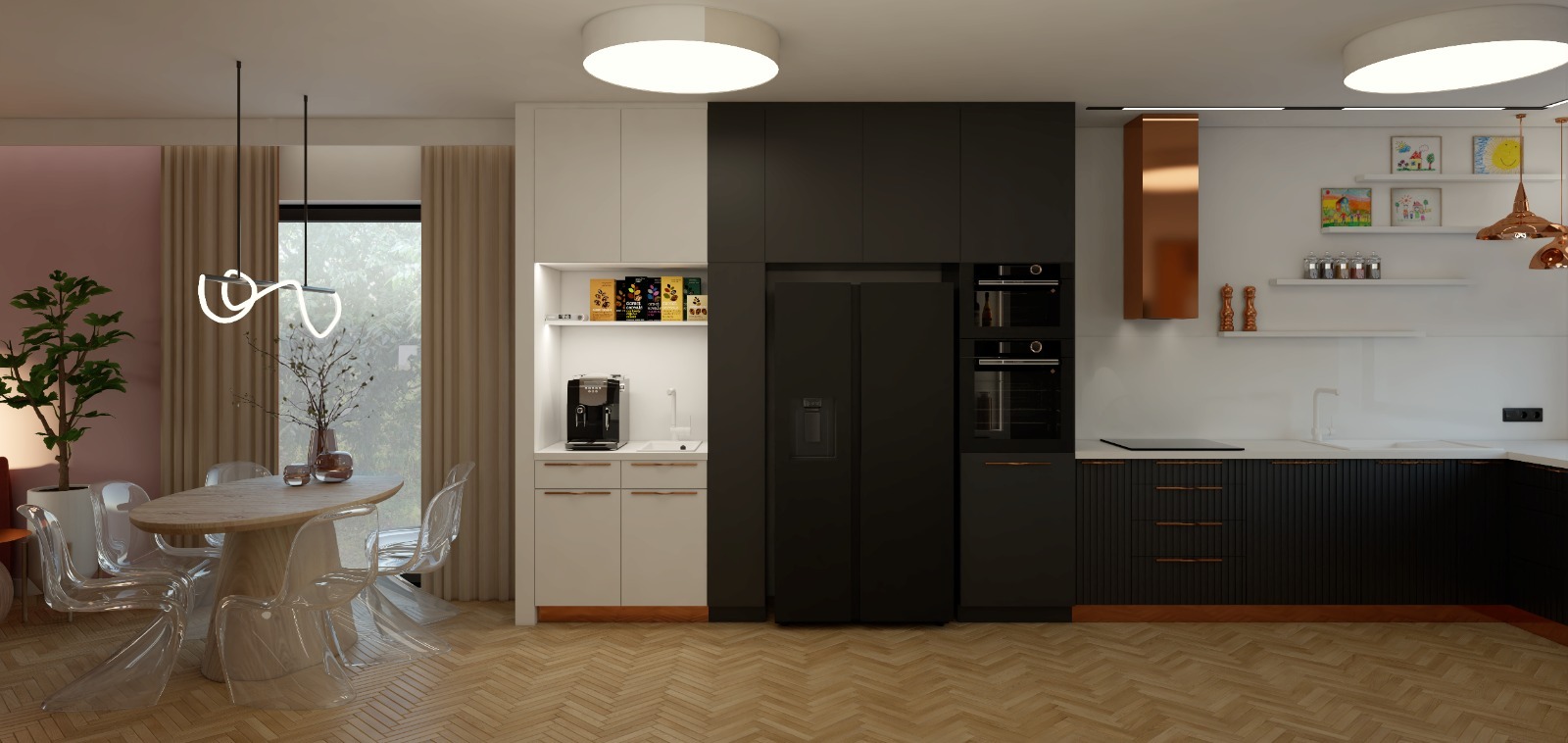 Nowoczesna kuchnia z jadalnią: ciemne szafki, białe akcenty, drewniana podłoga w jodełkę. Stół z przezroczystymi krzesłami, designerska lampa.