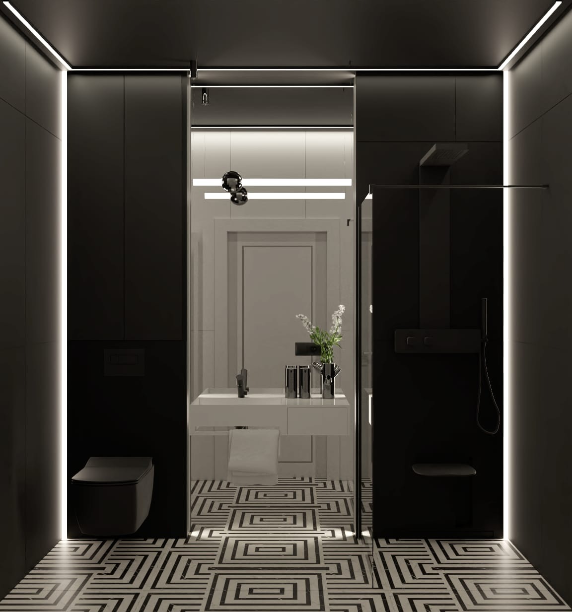 Nowoczesna łazienka w czerni i bieli z geometrycznym wzorem płytek, oświetleniem LED i minimalistyczną kabiną prysznicową. Widok na umywalkę i toaletę.