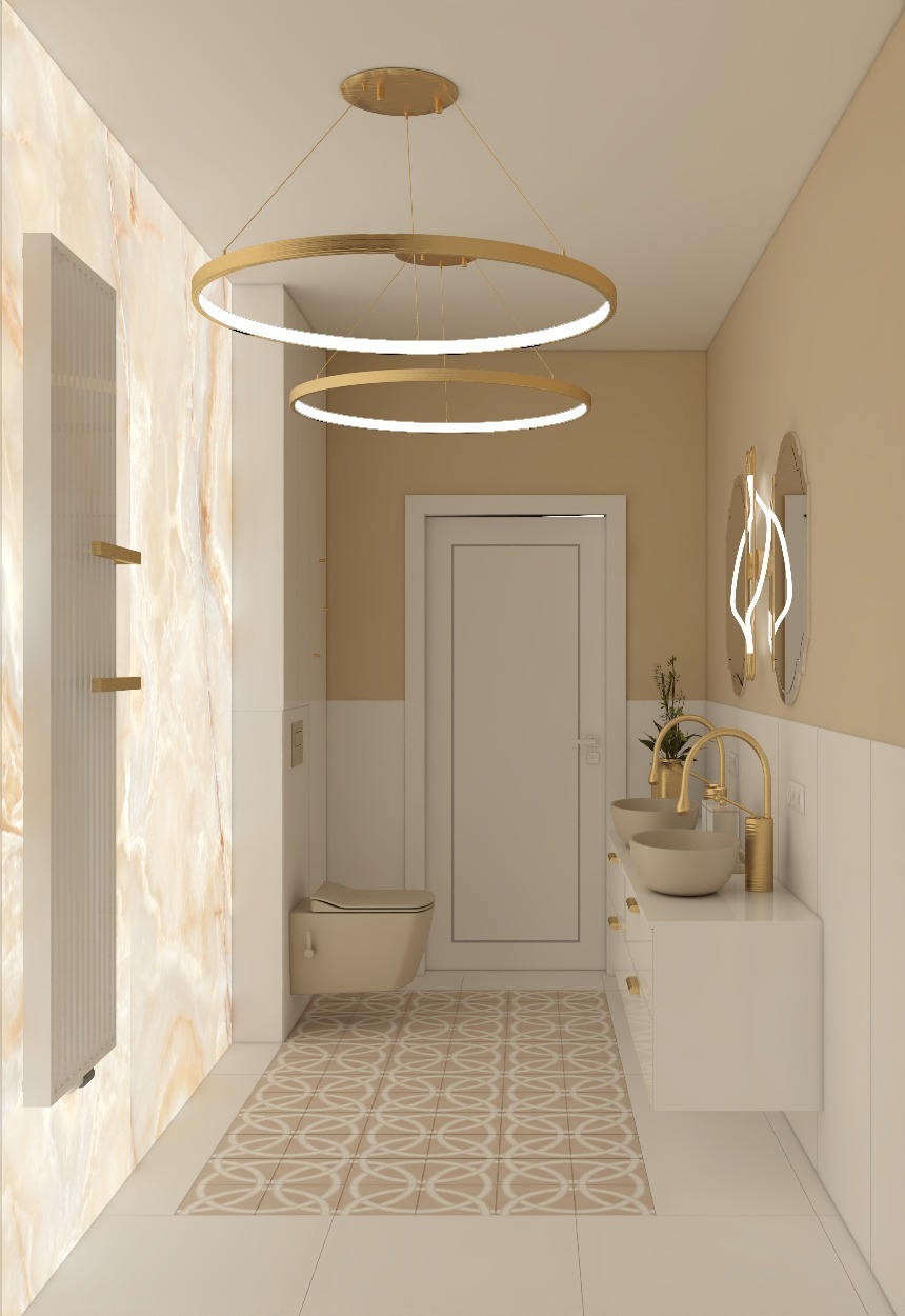 Elegancka łazienka z podwójną umywalką, złotymi akcentami i marmurową ścianą. Dwa okrągłe, złote żyrandole LED i wzorzysta podłoga dodają wnętrzu luksusowego charakteru.