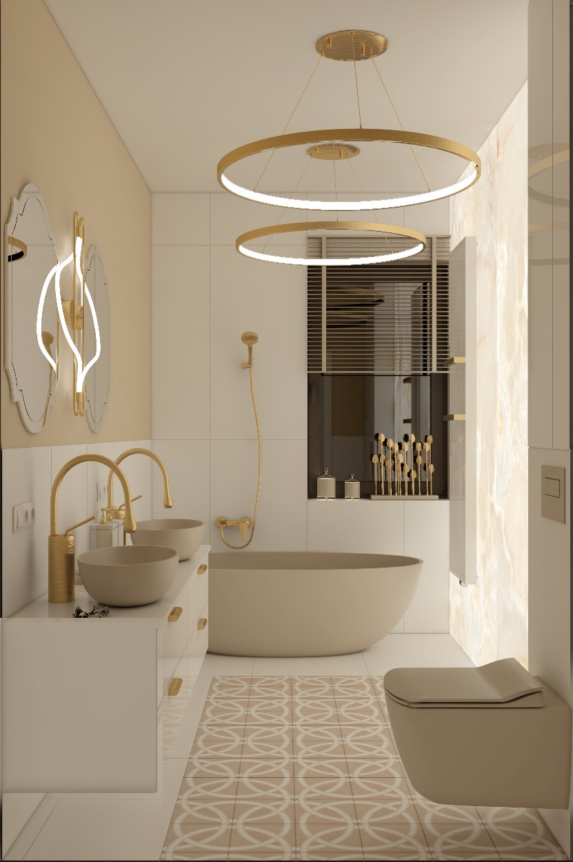 Beżowa łazienka z okrągłymi lampami, owalną wanną i umywalkami na blacie. Lustra z podświetleniem i geometryczna podłoga dodają elegancji.
