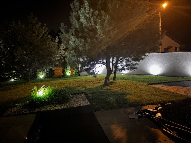 Nocne oświetlenie ogrodu z reflektorami punktowymi skierowanymi na drzewa i trawnik, podkreślającymi architekturę krajobrazu i biały mur w tle.