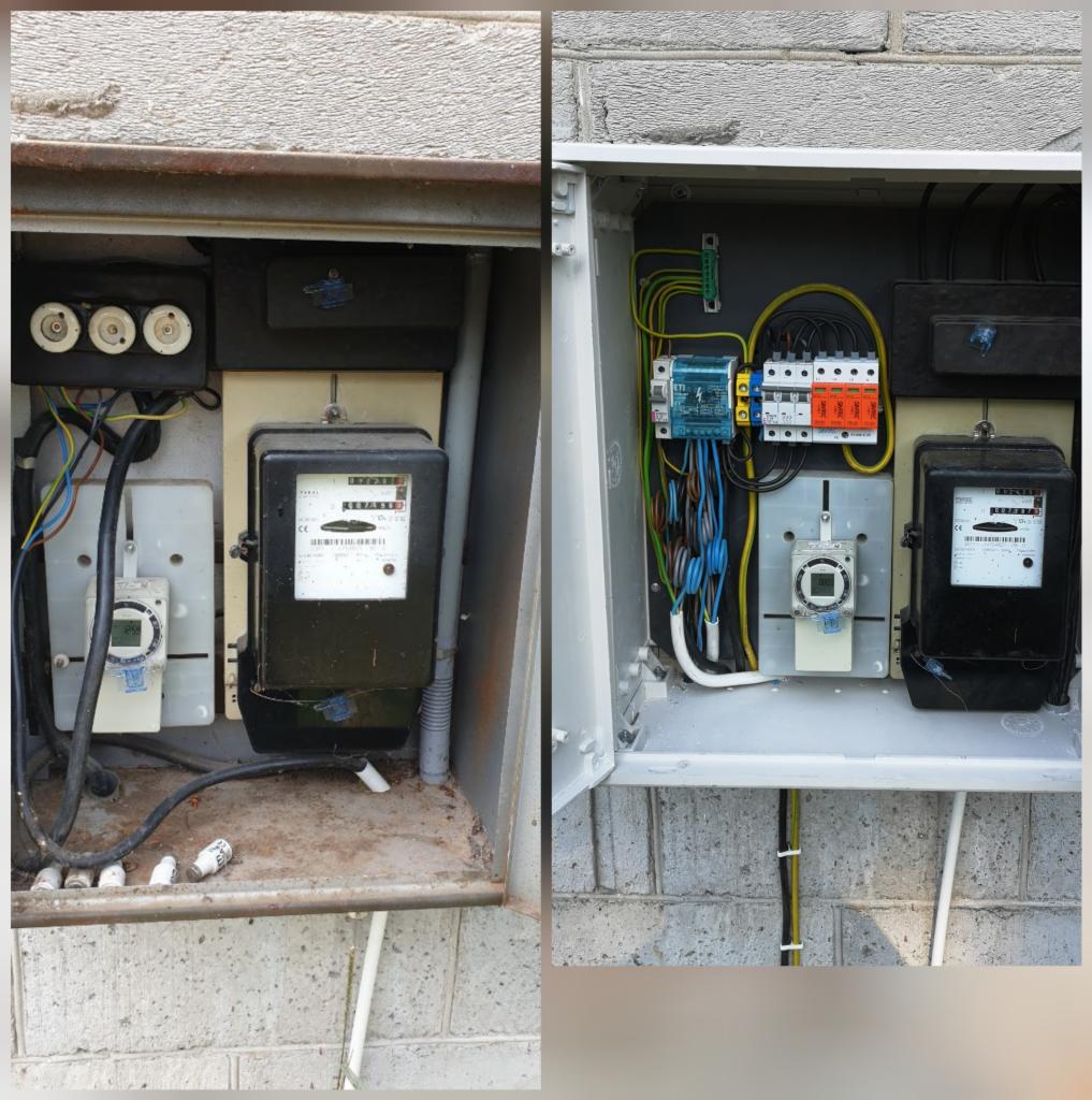 Porównanie stanu licznika elektrycznego przed i po modernizacji, widoczne nowe zabezpieczenia i uporządkowane przewody w skrzynce.