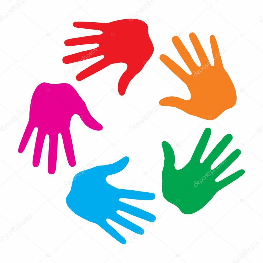Grafika przedstawia okrąg utworzony z pięciu kolorowych dłoni: czerwonej, pomarańczowej, różowej, niebieskiej i zielonej na białym tle. Dłonie są skierowane do środka okręgu i mają uproszczony...
