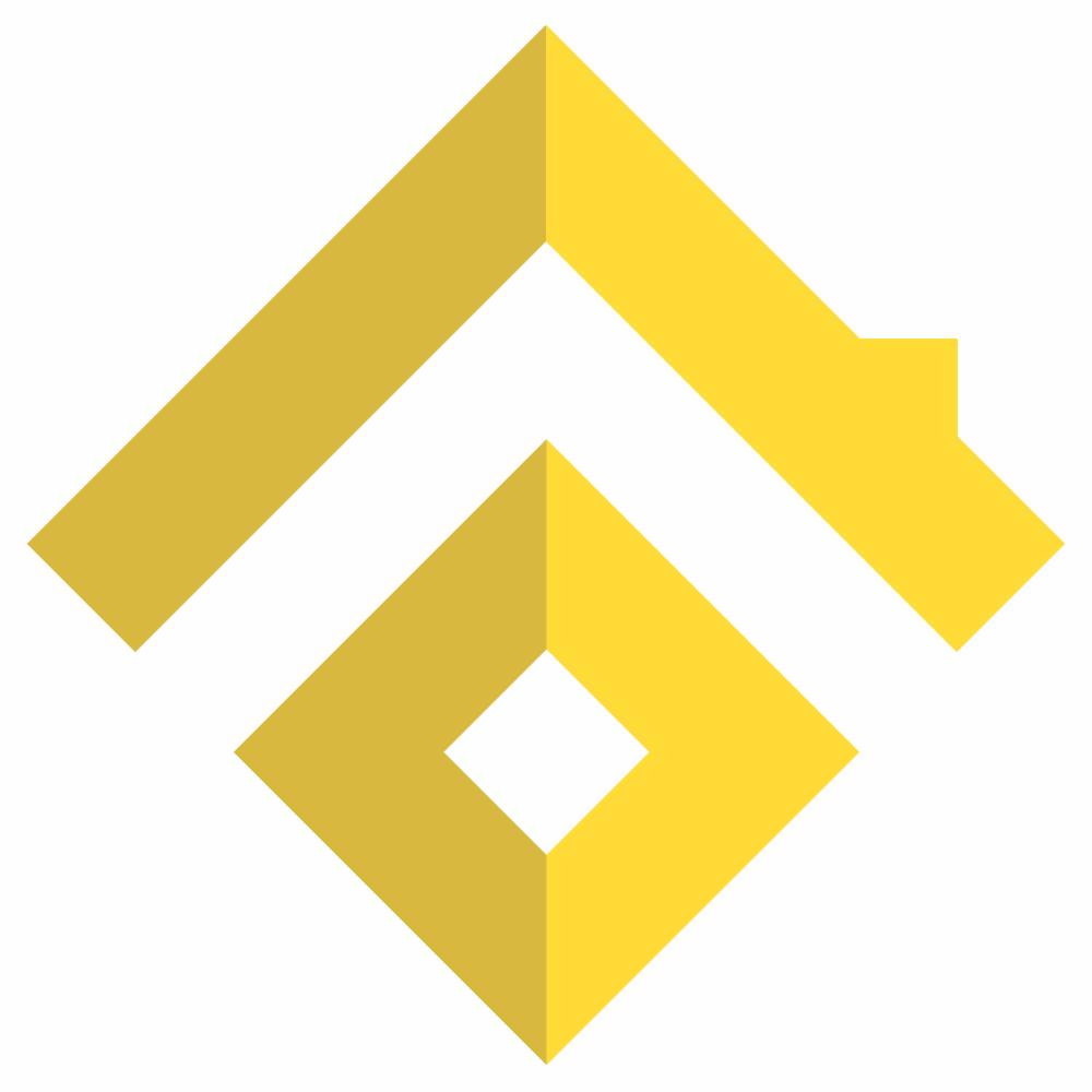 Żółty, geometryczny logotyp przedstawiający uproszczony dom z rombem w środku, na białym tle. Uproszczona forma, minimalistyczny design.