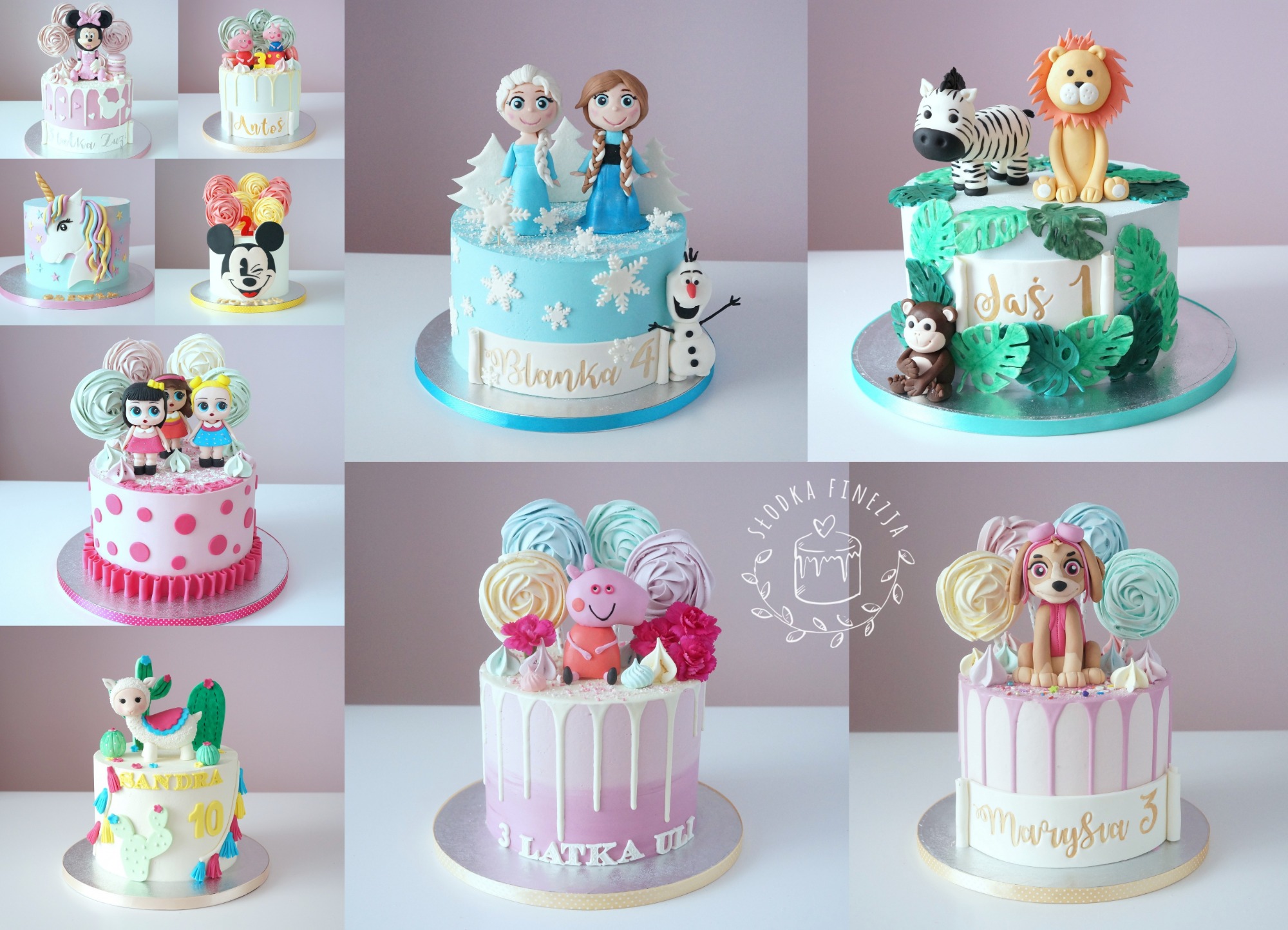 Kolaż dziewięciu tortów urodzinowych dekorowanych postaciami z bajek i zwierzętami, każdy tort na oddzielnym podeście, w pastelowych kolorach, z napisami z imionami i wiekiem.