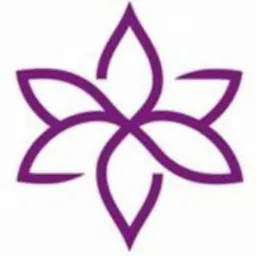 Fioletowy, abstrakcyjny symbol kwiatu o sześciu płatkach, utworzony z przeplatających się linii, na białym tle.