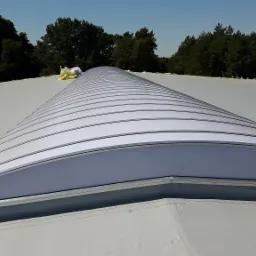 Widok z góry na płaski dach z szarą membraną i świetlikiem tunelowym z białymi panelami, na tle zielonego lasu i błękitnego nieba.