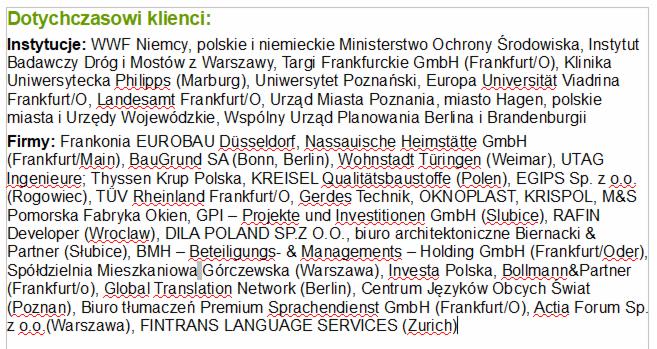 Lista klientów, w tym instytucji i firm, z nazwami w różnych językach, sugerująca obsługę tłumaczeniową.