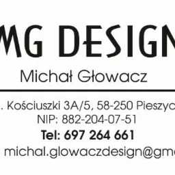 Wizytówka firmy MG Design z danymi kontaktowymi: Michał Głowacz, adres, NIP, numer telefonu i adres e-mail.