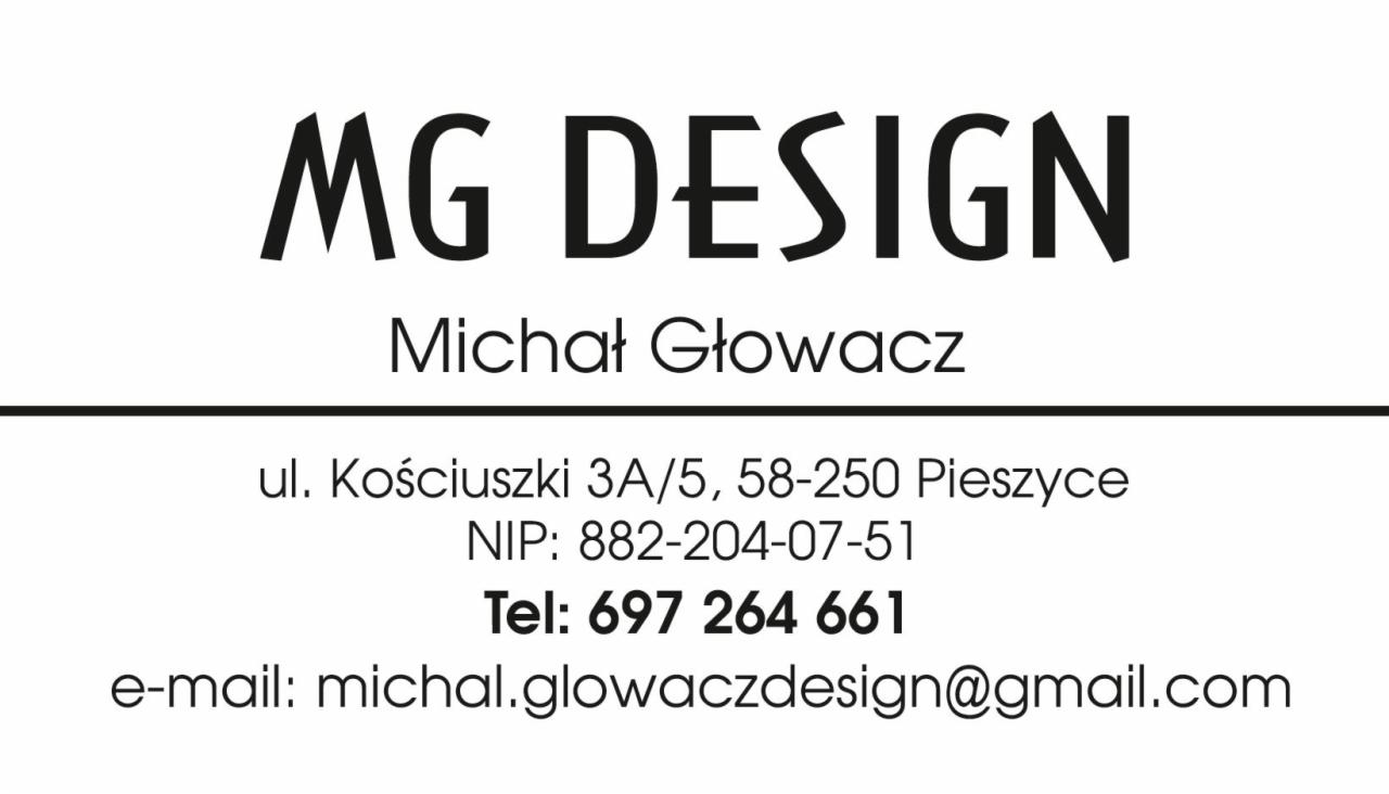 Wizytówka firmy MG Design z danymi kontaktowymi: Michał Głowacz, adres, NIP, numer telefonu i adres e-mail.
