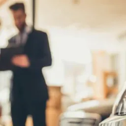 Klientka omawia warunki finansowania zakupu samochodu z przedstawicielem dealera, widoczny fragment reflektora nowego auta.