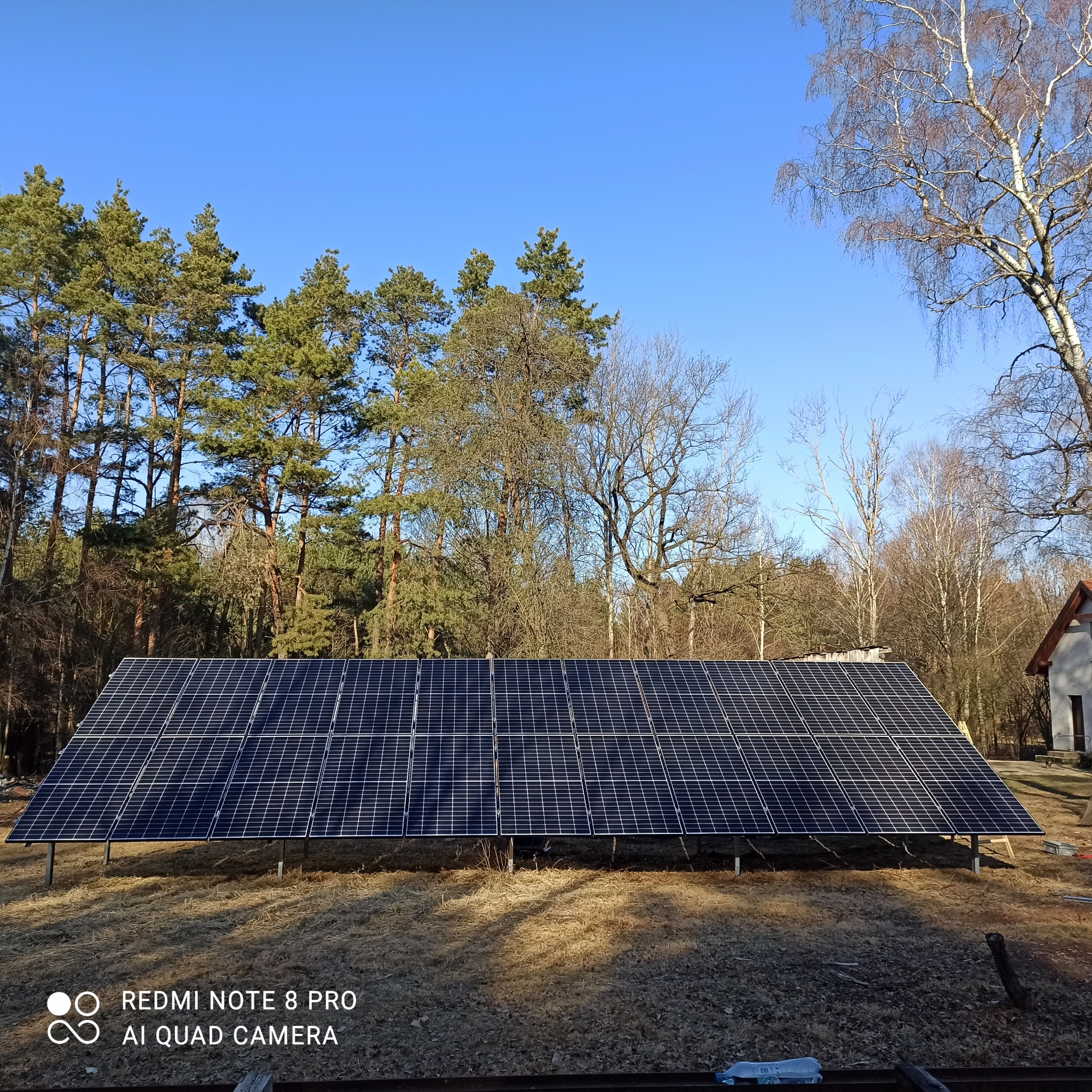 Rząd paneli słonecznych ustawionych na metalowych wspornikach na tle drzew i błękitnego nieba, z widocznym fragmentem budynku w oddali.