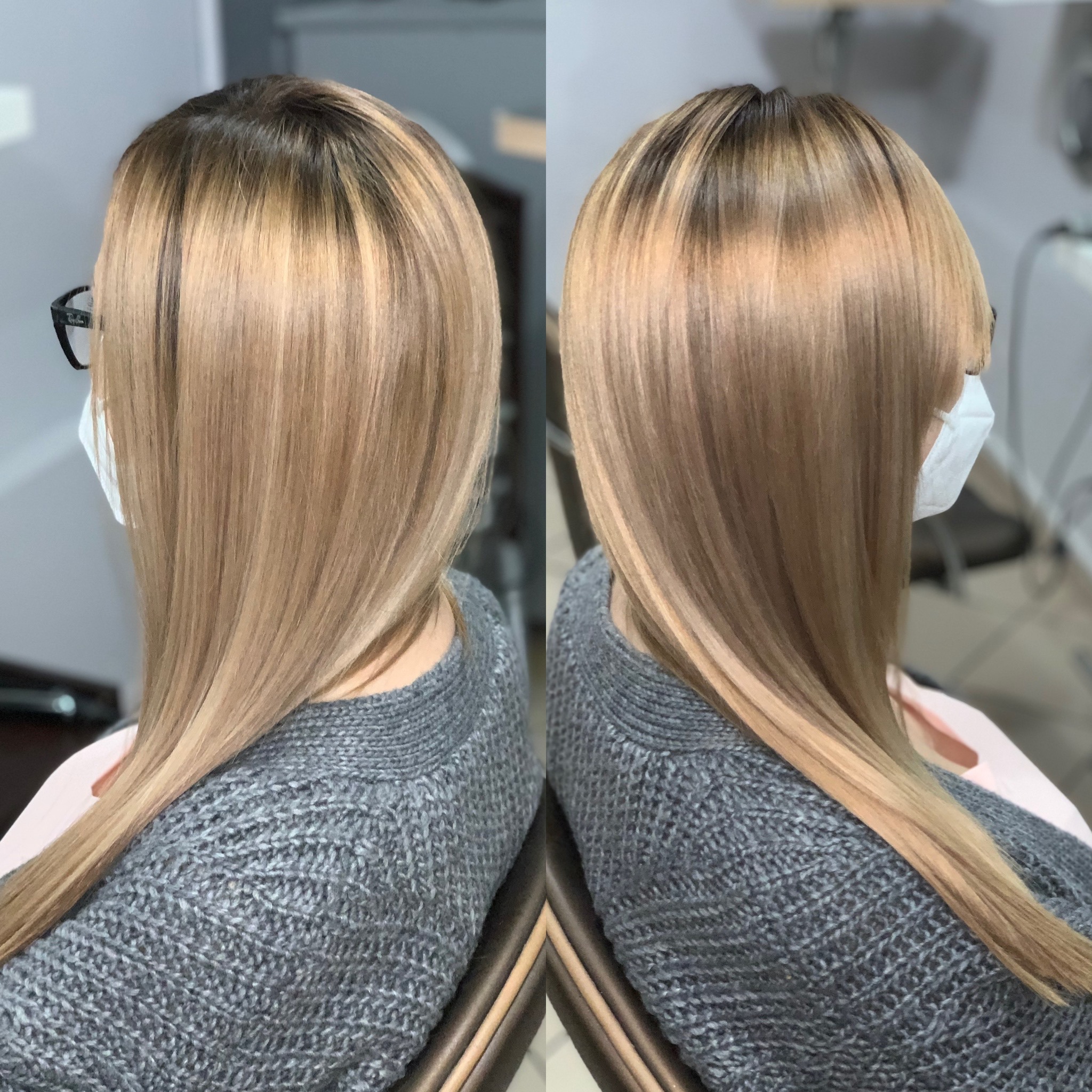 Dwa ujęcia tej samej kobiety z profilu, prezentujące blond włosy z ciemniejszym odrostem, noszącej okulary i maseczkę ochronną, siedzącej na fotelu w szarym swetrze.