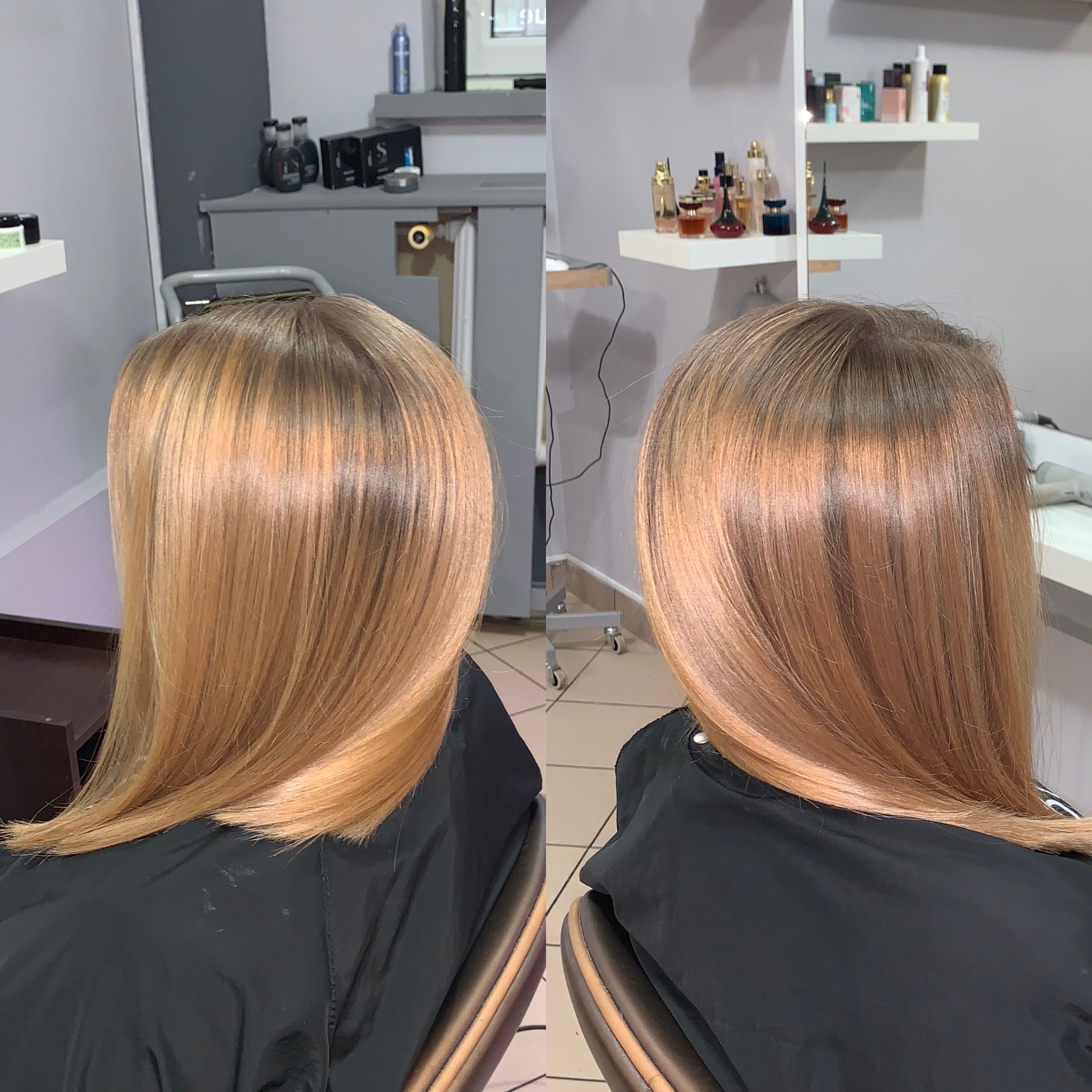 Dwie osoby siedzące obok siebie, prezentujące świeżo ufarbowane, lśniące włosy w odcieniach blondu i brązu, widoczne z tyłu, w salonie z kosmetykami na półkach.