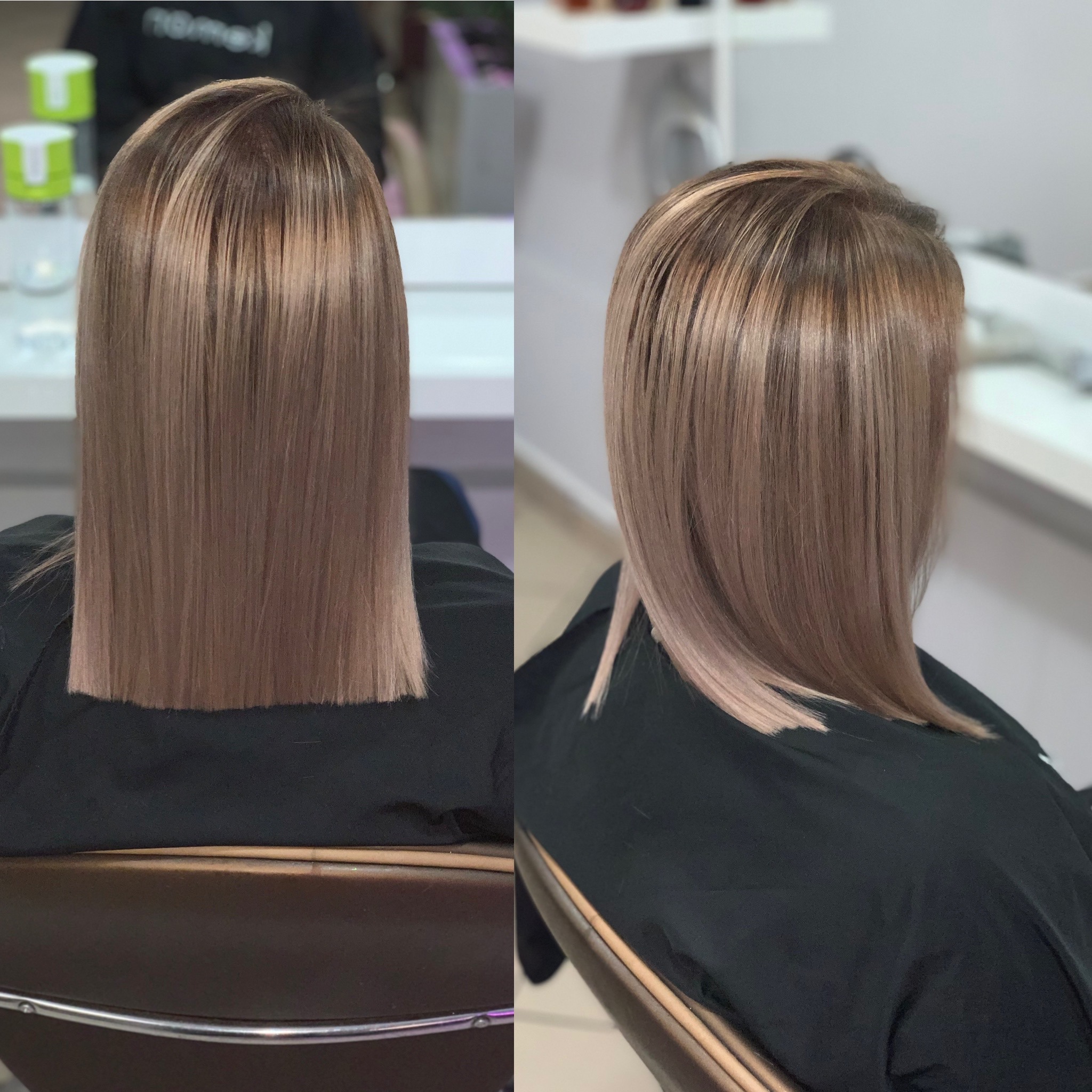 Proste, brązowe włosy z refleksami, ostrzyżone na prosto, widok z tyłu w salonie.