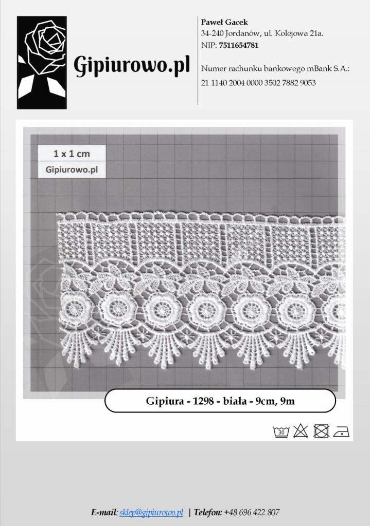 Biała gipiura o wzorze kwiatowym, szerokość 9 cm, na szarym tle z podziałką centymetrową, prezentowana z informacją o producencie.