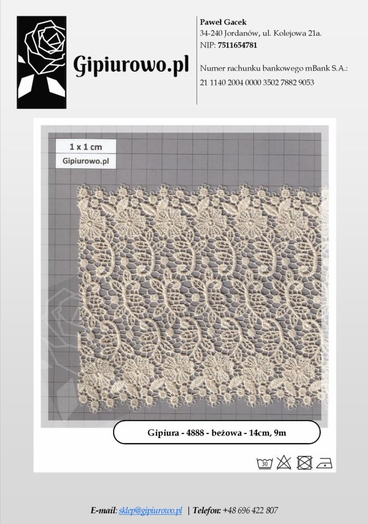 Beżowa gipiura o wzorze kwiatowym, leżąca na szarej macie z podziałką centymetrową, prezentowana na tle danych kontaktowych firmy Gipiurowo.pl, z informacją o długości i szerokości