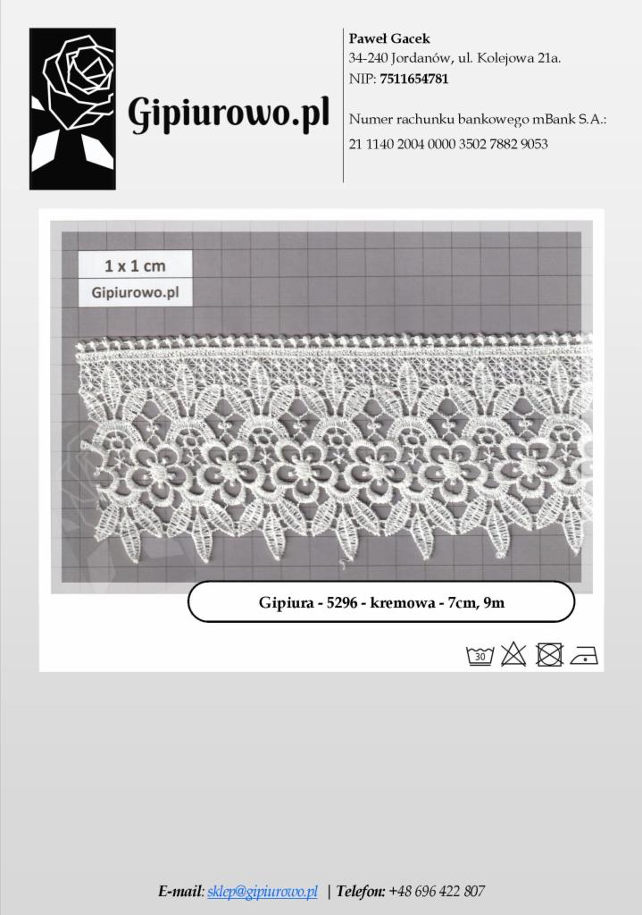 Kremowa gipiura o szerokości 7 cm na szarej kratownicy milimetrowej, prezentacja produktu z danymi kontaktowymi firmy.