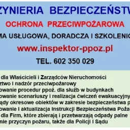 Plakat informacyjny firmy oferującej usługi inżynierii bezpieczeństwa i ochrony przeciwpożarowej, z adresem strony internetowej i numerem telefonu.