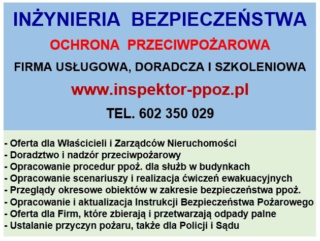 Plakat informacyjny firmy oferującej usługi inżynierii bezpieczeństwa i ochrony przeciwpożarowej, z adresem strony internetowej i numerem telefonu.