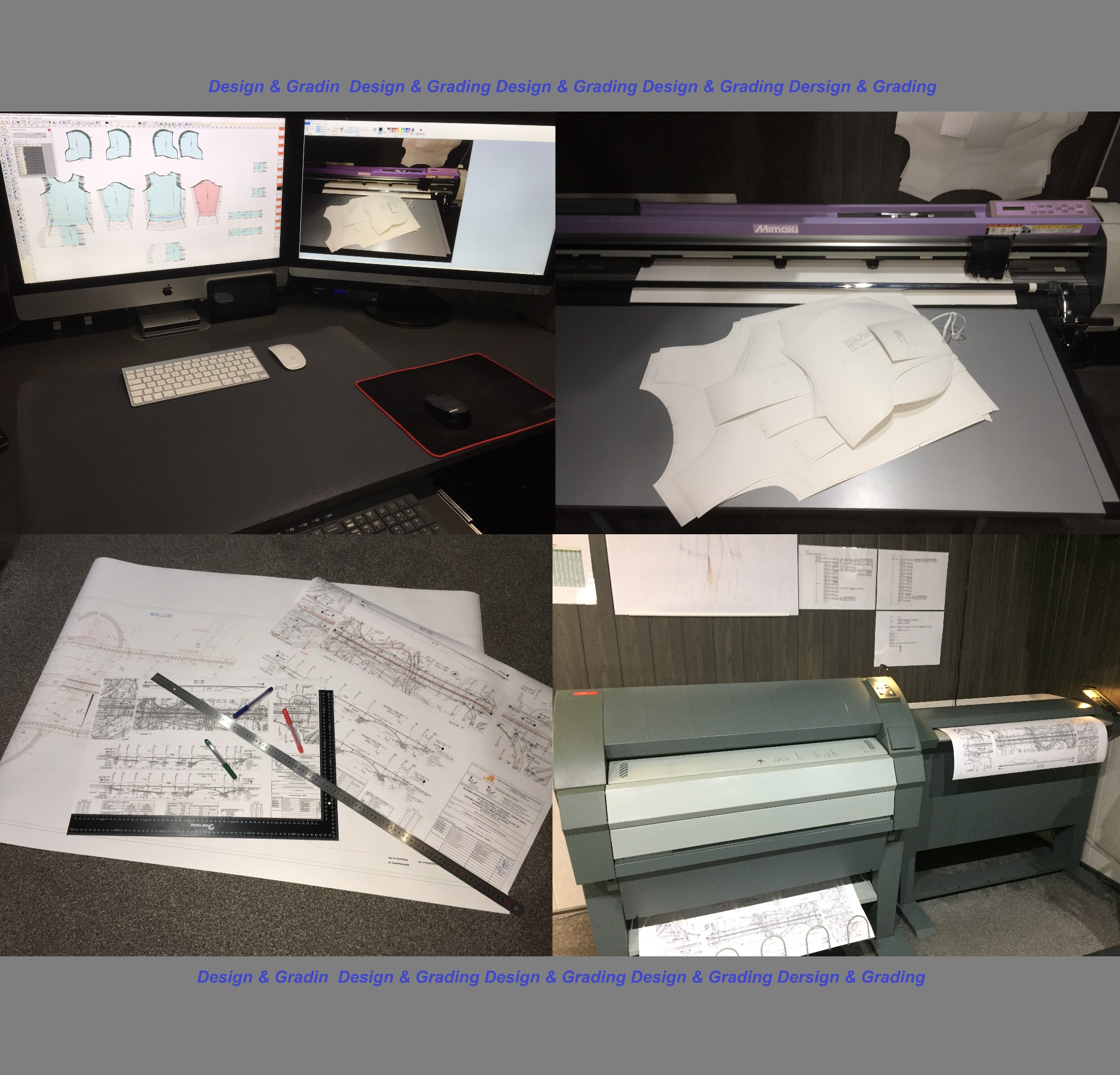 Stanowisko pracy z dwoma monitorami wyświetlającymi projekty odzieży, ploter tnący Mimaki z wyciętymi szablonami, oraz duży ploter drukujący z wydrukami technicznymi i narzędziami kreślarskimi.