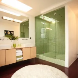 Jasna łazienka z dwoma umywalkami nablatowymi na szafce z jasnego drewna, kabiną prysznicową ze szkła w odcieniach zieleni i okrągłym, puszystym dywanikiem na ciemnej podłodze.