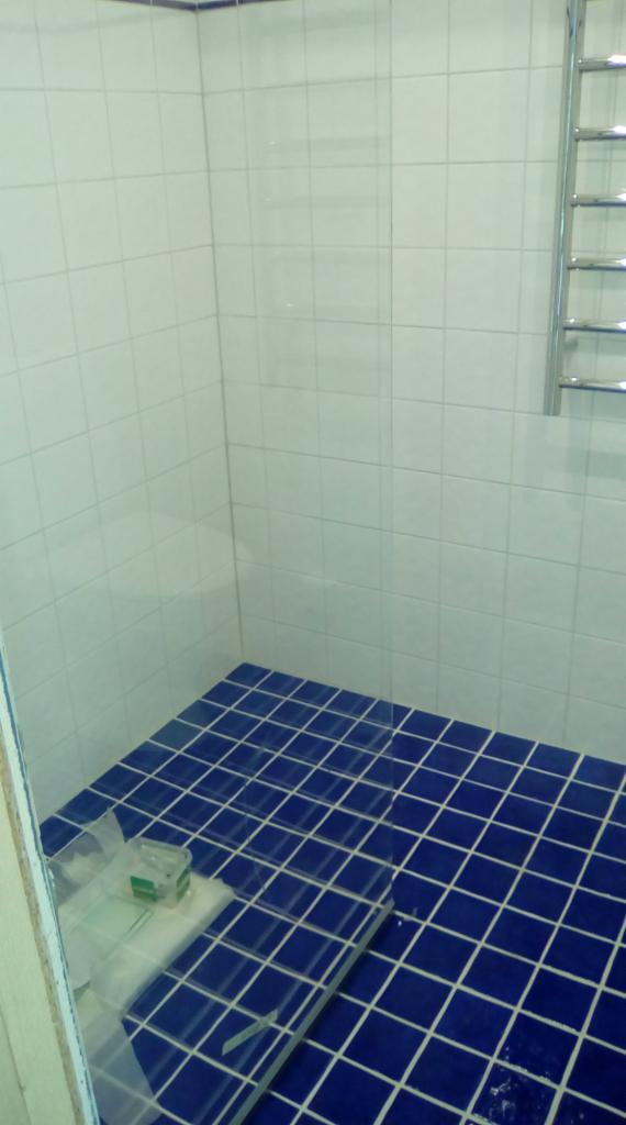 Niebieska mozaika podłogowa w kabinie prysznicowej z białymi ścianami wyłożonymi kwadratowymi płytkami; grzejnik drabinkowy na ścianie, widoczny fragment szyby prysznicowej z akcesoriami montażowymi.