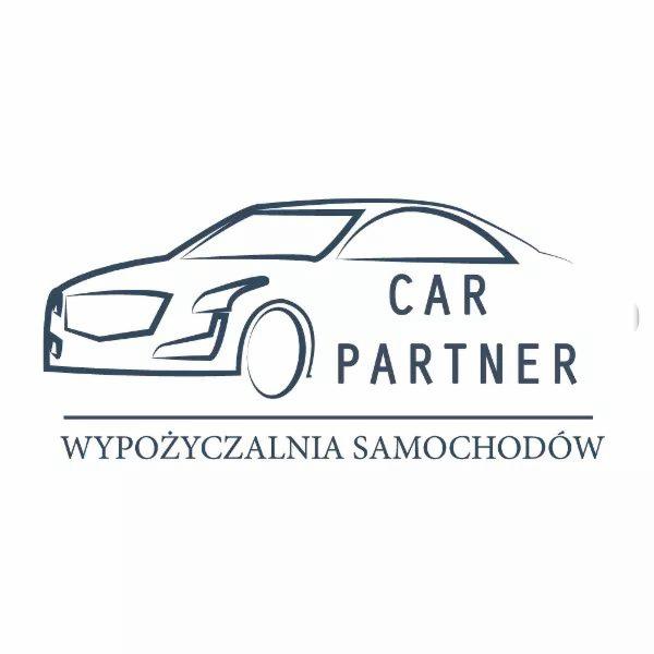 Logo firmy Car Partner przedstawiające kontur samochodu nad napisem Wypożyczalnia Samochodów.