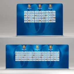 Dwa panele reklamowe typu ścianka, z logo Pucharu Polski PZPN i sponsorów, na tle z niebieskich wstęg.