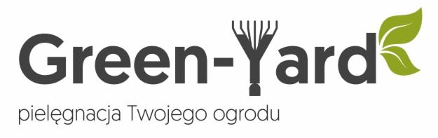 Logo firmy Green-Yard: ciemnoszary napis z grafiką grabi i zielonych liści. Pod spodem napis 'pielęgnacja Twojego ogrodu'.