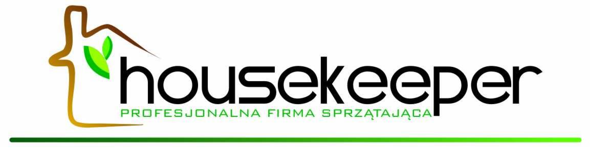 Logo firmy sprzątającej Housekeeper z symbolem domu i liści, podpisane 'Profesjonalna firma sprzątająca'.