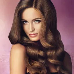 Portret kobiety z długimi, brązowymi, falowanymi włosami, stylizowanymi we Włocławku, na rozmytym, różowo-fioletowym tle z efektem brokatu.