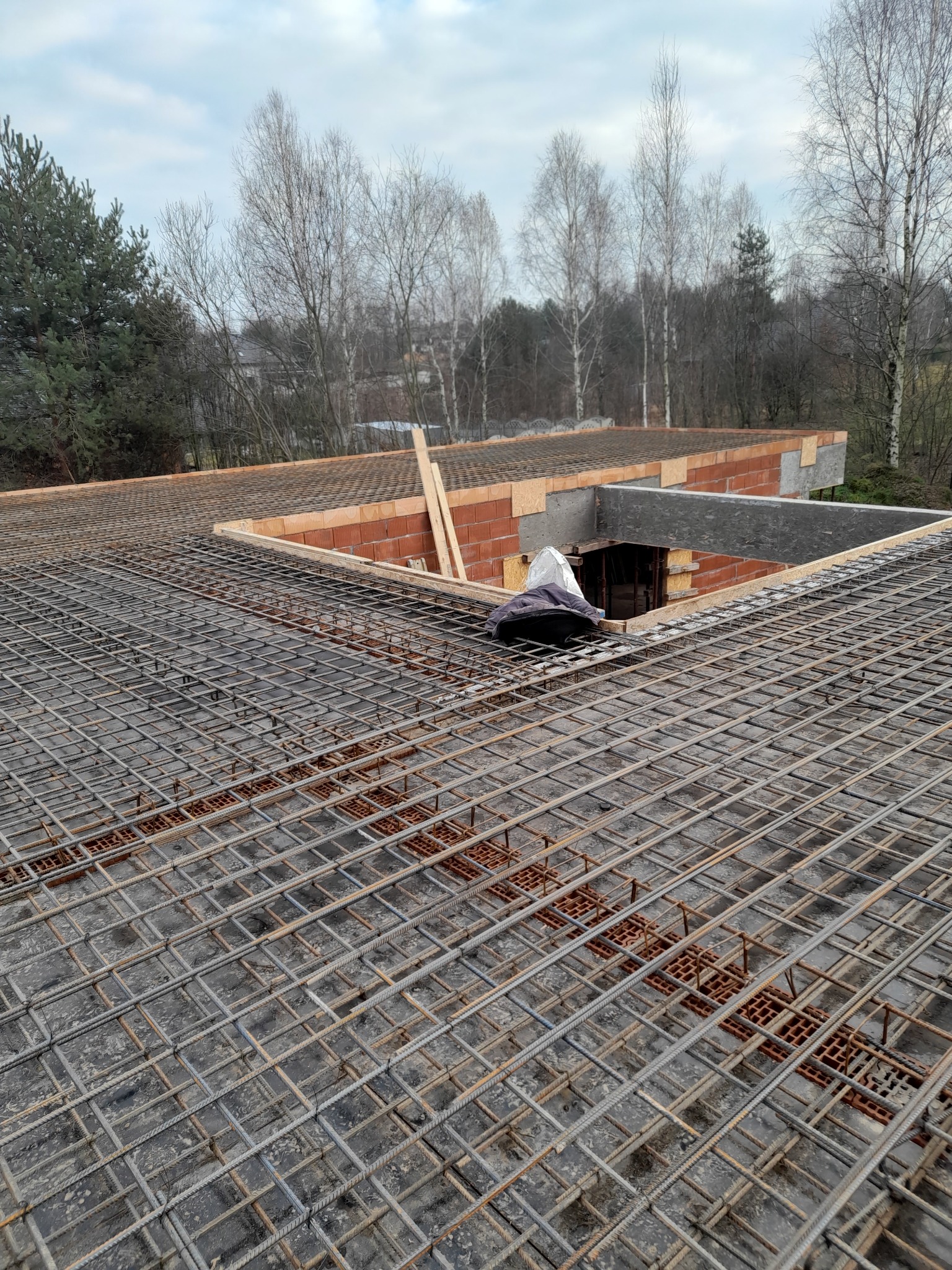 Zbrojenie stropu na budowie domu murowanego, widoczne pustaki ceramiczne, na zewnątrz drzewa bez liści i iglaki pod pochmurnym niebem.