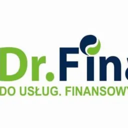 Logo firmy Dr. Finance z sylwetką mężczyzny z teczką w granatowo-zielonej ramce, obok nazwa firmy w kolorach zielonym i granatowym oraz dopisek 'do usług finansowych' zielonym drukiem.