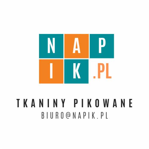 Logo firmy z nazwą NAPiK.PL, oferującej tkaniny pikowane, z adresem biuro@napik.pl. Logo składa się z kwadratów w kolorach turkusowym i pomarańczowym.