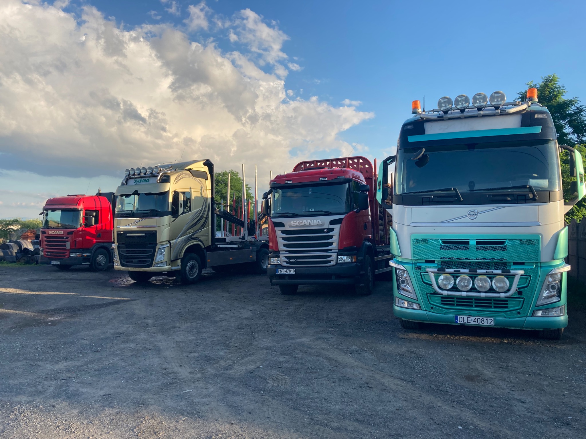 Flota czterech ciężarówek Scania i Volvo w różnych kolorach (czerwony, złoty, czerwono-biały, turkusowo-biały) zaparkowana na żwirowym placu pod błękitnym niebem z obłokami.