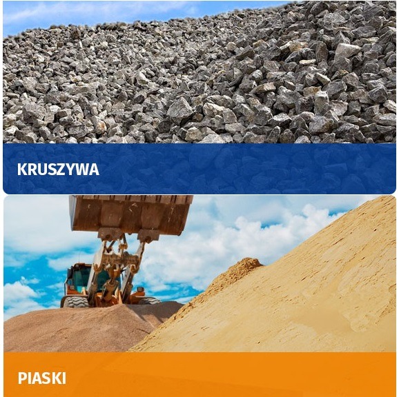 Dzielone zdjęcie: u góry hałda szarej kruszywa na tle błękitnego nieba, u dołu ładowarka nabierająca piasek na tle błękitnego nieba z chmurami.