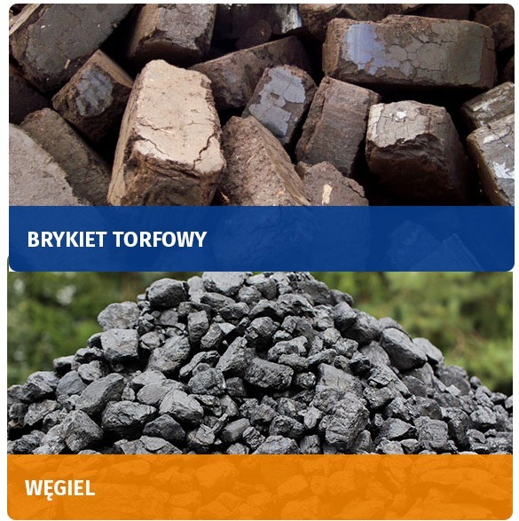 Porównanie wizualne: brykiet torfowy w górnej części zdjęcia, ułożony w stos, z wyraźną strukturą włókien; węgiel kamienny w dolnej części, tworzący kopiec z nieregularnymi bryłami.