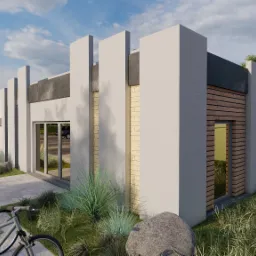 Wizualizacja budynku z płaskim dachem, elewacją z drewnianymi panelami i szarymi filarami, otoczona zielenią, z rowerami i motocyklem na pierwszym planie.