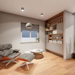 Wizualizacja wnętrza salonu z drewnianą podłogą, szarymi regałami zabudowanymi książkami, fotelem z podn&oacute;żkiem, stolikiem kawowym i wysokimi roślinami w donicy przy oknie.