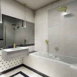 Wizualizacja łazienki z wanną, umywalką na szafce, złotą armaturą i dekoracyjnymi płytkami w geometryczne wzory.