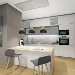 Wizualizacja nowoczesnej kuchni z wyspą, szare krzesła barowe, białe szafki z złotymi uchwytami, marmurowy backsplash, czarne lampy wiszące i obraz z nocnym widokiem na Tokio.