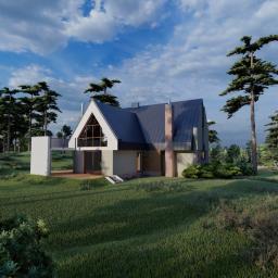 Grażyna Zaremba Ivory Box - Wizualizacja nowoczesnego domu z dwuspadowym dachem i dużymi oknami, otoczonego lasem iglastym i bujną zielenią.