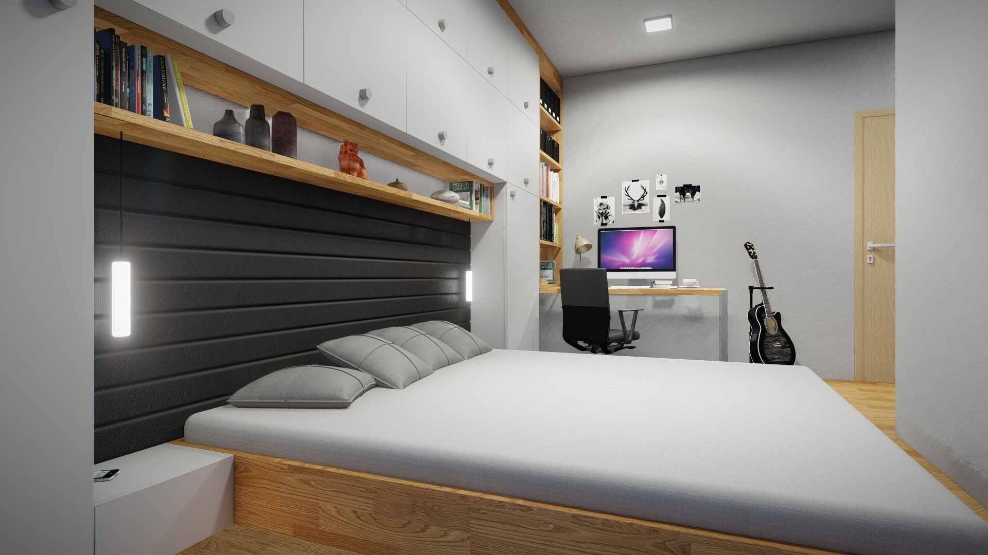 Nowoczesna sypialnia z biurkiem i gitarą, drewniane elementy, szara tapicerka, minimalistyczne oświetlenie punktowe i białe szafki wiszące.